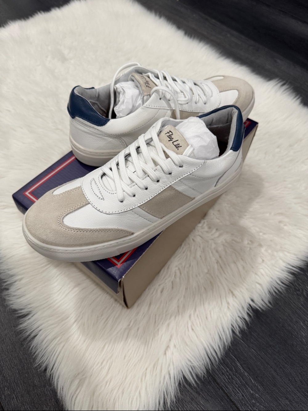 Kids White & Beige Low-Top Leather Sneakers with Navy Accent